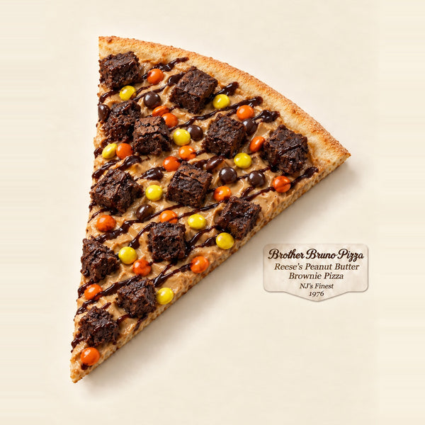 Reese's Peanut Butter Brownie dessert pizza - peanut butter base, brownies, Reese's Pieces and chocolate drizzle - Brother Bruno Direct