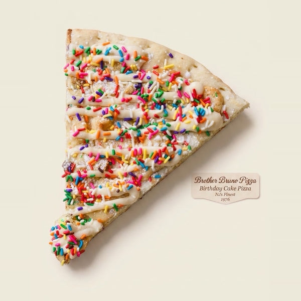 Birthday Cake dessert pizza slice - funfetti cookie dough, cream cheese icing and rainbow sprinkles - Brother Bruno Direct