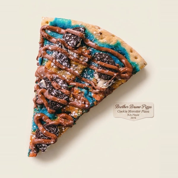Cookie Monster dessert pizza slice - blue vanilla icing, cookie dough, Oreo crumbles and Nutella drizzle - Brother Bruno Direct