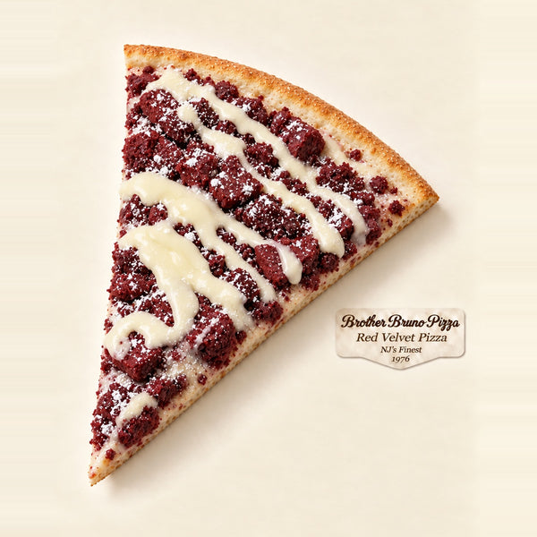 Red Velvet dessert pizza slice - Nutella base with red velvet cookie dough and cream cheese icing - Brother Bruno Direct