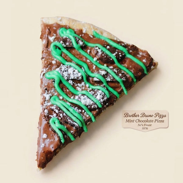 Thin Mint dessert pizza slice - Nutella base, mint chocolate cookies, mint icing and chocolate drizzle - Brother Bruno Direct